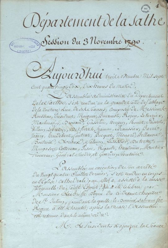 Département de la Sarthe, procès-verbal de la session du 3 novembre 1790 (Archives départementales de la Sarthe, L 59).jpg