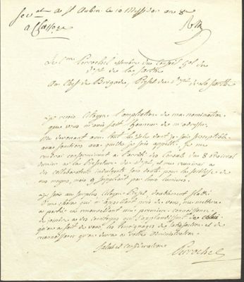 Lettre de René-François-Hortense de Perrochel adressée au baron Louis-Marie Auvray, préfet de la Sarthe, 10 messidor an VIII [29 juin 1800] (Archives départementales de la Sarthe, 3 M 24)