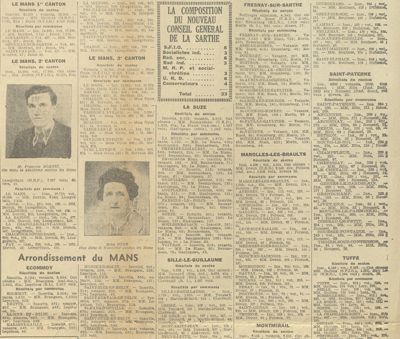 Elections cantonales, extrait de l'article du Maine Libre, numéro du lundi 1er octobre 1945 (Archives départementales de la Sarthe, Per 1069, octobre 1945)