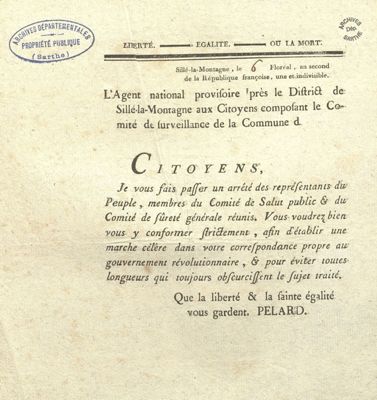correspondance de l'agent national Pelard, 25 avril 1794 (Archives départementales de la Sarthe, L 3).jpg