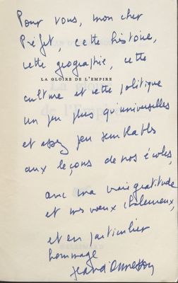 dédicace de Jean d'Ormesson sur un exemplaire de La Gloire de l'Empire, Paris, Gallimard, 1971 (coll. particulière)