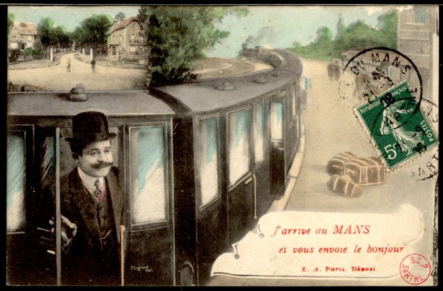 « J'arrive au Mans et vous envoie le bonjour », carte postale, cliché Demosi, [début XXe siècle] (Archives départementales de la Sarthe, 2 Fi 2623).jpg