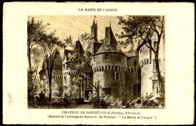 Château de Bonnétable, lithographie du Baron de Wismes extraite de l'ouvrage Le Maine et l'Anjou, carte postale, , début du XXe siècle (Archives départementales de la Sarthe, 2 Fi 3679).jpg