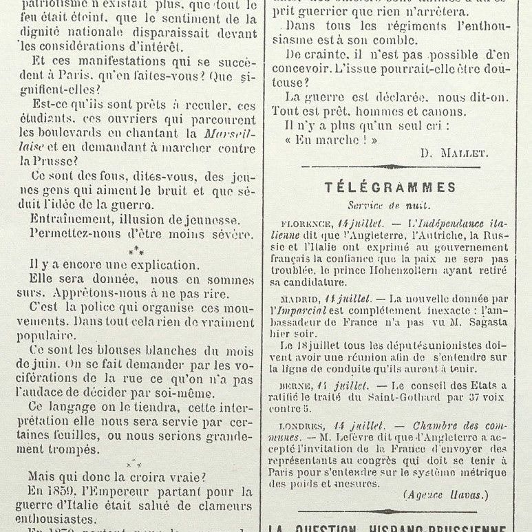 Article du journal La Sarthe, 16 juillet 1870