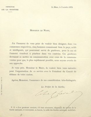 courrier du préfet de la Sarthe adressé aux maires, 5 octobre 1870 (Archives départementales de la Sarthe, 4 R 103)