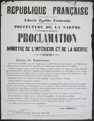 Proclamation du ministre de l'intérieur et de la guerre, affiche, Monnoyer imprimeur,15 octobre 1870 (Archives départementales de la Sarthe, 25 Fi 917)