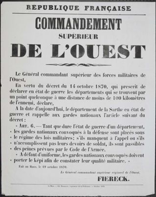 Commandement supérieur de l'Ouest, affiche, Monnoyer imprimeur, 19 octobre 1870 (Archives départementales de la Sarthe, 25 Fi 918)