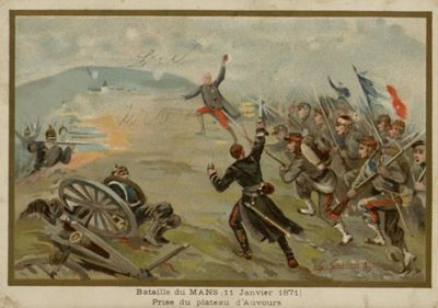 Bataille du Mans (11 janvier 1871), prise du plateau d'Auvours, estampe en couleurs, G. Germain, début du XXe siècle (Archives départementales de la Sarthe, 3 Fi 296)