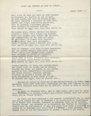 Chant des Bretons au camp de Conlie, notes dactylographiées de Paul Cordonnier, vers 1950 (Archives départementales de la Sarthe, 18 J 495)