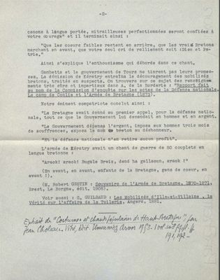 Chant des Bretons au camp de Conlie, notes dactylographiées de Paul Cordonnier, vers 1950 (Archives départementales de la Sarthe, 18 J 495)