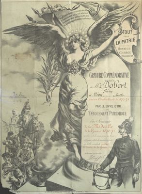 Diplôme adressé à Pierre Vion, Le Livre d'Or du dévouement patriotique, Paris, s.d. (Archives départementales de la Sarthe, 1 J 1093_1)