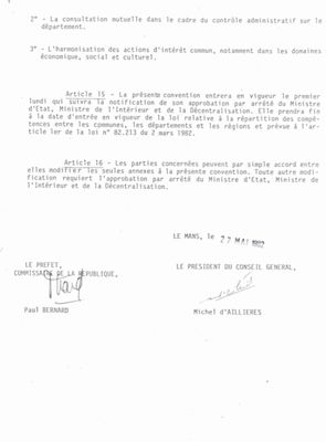 convention de transfert des pouvoirs de l'exécutif au Président du Conseil départemental, 27 mai 1982 (extrait) (Archives départementales de la Sarthe, 1677 W 1)