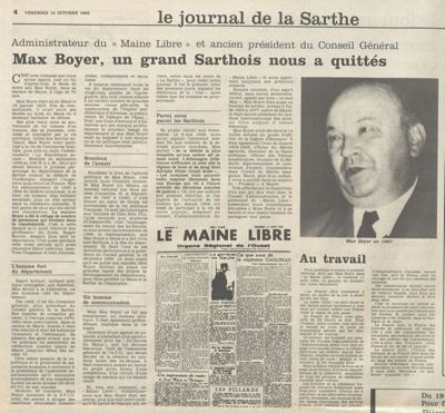 « Max Boyer, un grand Sarthois nous a quittés », article extrait du Maine Libre, numéro du vendredi 18 octobre 1985 (Archives départementales de la Sarthe, Per 1069, octobre 1985)
