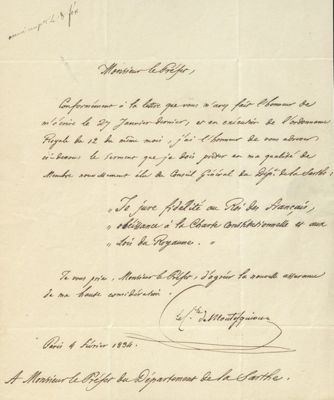 Lettre d'Élisabeth-Pierre de Montesquiou au préfet de la Sarthe, 4 février 1834 (Archives départementales de la Sarthe, 3 M 24).jpg