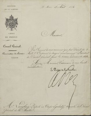 Nomination de Jacques Langlais comme président du Conseil général, 12 août 1854 (Archives départementales de la Sarthe, 1 J 1190).