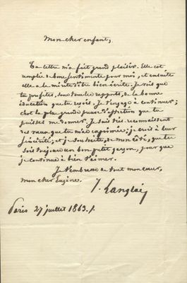 Lettre de Jacques Langlais à son fils Eugène, 27 juillet 1863 (Archives départementales de la Sarthe, 1 J 1190