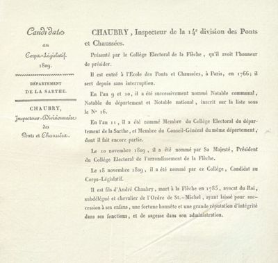 feuillet de présentation de la candidature de René-Ferdinand Chaubry au corps législatif, 1809 (Archives départementales de la Sarthe, 1 J 1129/2)