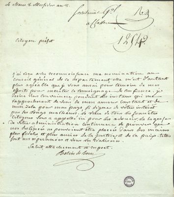 Lettre de Jacques Belin de Béru au baron Louis Auvray, préfet de la Sarthe, 10 messidor an VIII (29 juin 1800) (Archives départementales de la Sarthe, 3 M 24)