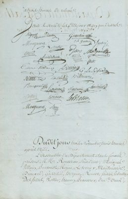 procès-verbal de la séance d'ouverture du conseil Départemental, 3 novembre 1790, registre des délibérations du Conseil Général du département de la Sarthe, 1790-1791 (Archives départementales de la Sarthe, L 28)