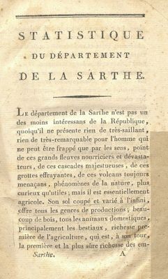 Statistique du Département de la Sarthe par le citoyen L.M. Auvray [...], Paris, Imprimerie des Sourds-Muets, 1802 (Archives départementales de la Sarthe, BIB C 11)