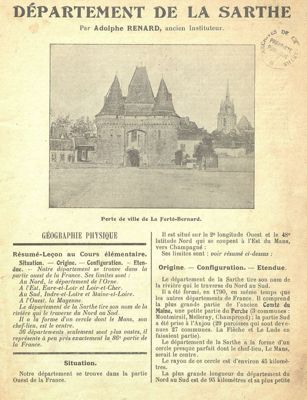 Adolphe Renard, Le département de la Sarthe, Le Mans, impr. Vadé-Graffin, 1911 (Archives départementales de la Sarthe, 13 F 1045)