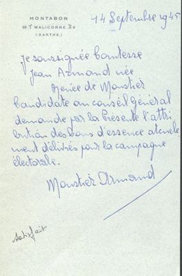 Lettre de Renée Moustier-Armand à la préfecture de la Sarthe, 14 septembre 1945 (Archives départementales de la Sarthe, 1359 W 102)