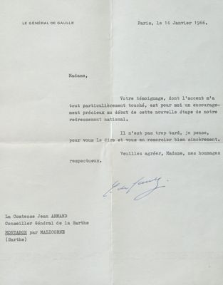 Lettre du général de Gaulle adressée à la comtesse Armand, conseillère générale de la Sarthe, 14 janvier 1966 (Archives départementales de la Sarthe, 145 J)