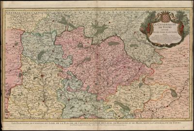 Carte de la généralité de Tours divisée en ses seize élections réalisée par Hubert Jaillot, géographe ordinaire du roi, 1711 (Archives départementales de la Sarthe, 1 Fi 26)