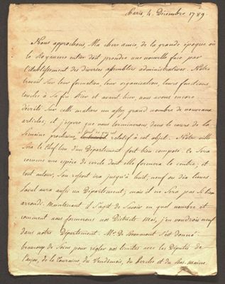 Lettre de François Ménard de la Groye, 4 décembre 1789 (Archives départementales de la Sarthe, 10 J 122)