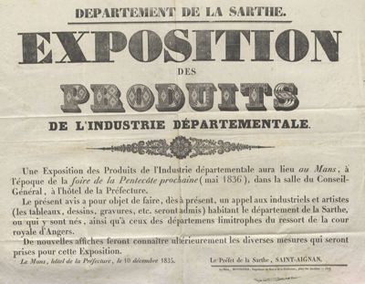 Exposition des produits de l'industrie départementale, affiche, Monnoyer imprimeur, 1836 (Archives départementales de la Sarthe, 8 M 74)