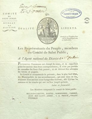 correspondance du Comité de Salut public à l'agent national du district de Saint-Calais, 7 mars 1794 (Archives départementales de la Sarthe, L 3).jpg