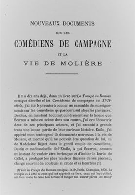 Henri Chardon, Nouveaux documents sur les comédiens de campagne et la vie de Molière, Paris, Alphonse Picard, 1886 (Archives départementales de la Sarthe, BIB G 1.jpg