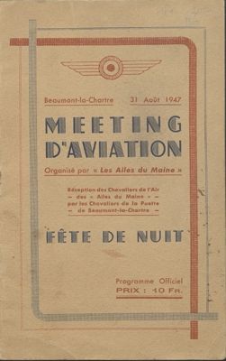 Programme de la fête de nuit du meeting d'aviation organisé par les Ailes du Maine à Beaumont-la-Chartre, imprimerie Aveline, La Chartre-sur-le-Loir, 31 août 1947 (Archives départementales de la Sarthe, 1 J).jpg