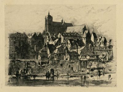 rive gauche de la Sarthe et vieux Mans, eau-forte de Lucas, 1870 (Archives départementales de la Sarthe, 4 Fi 4).jpg