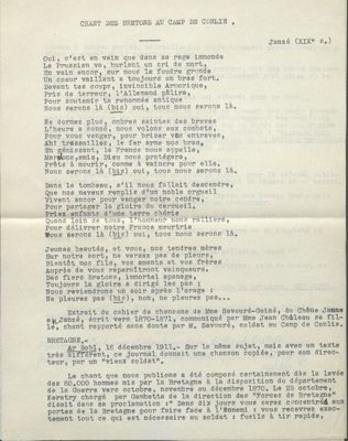 chant des Bretons au camp de Conlie, notes dactylographiées de Paul Cordonnier, années 1950 (Archives départementales de la Sarthe, 18 J 495).jpg