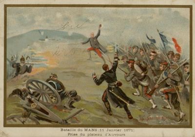 Bataille du Mans (11 janvier 1871), prise du plateau d'Auvours, estampe en couleurs, G. Germain, début du XXe siècle (Archives départementales de la Sarthe, 3 Fi 296).jpg