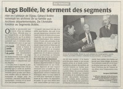 « Legs Bollée, le serment des segments », article de Jacques Guichard extrait du Maine Libre, numéro du 3 février 2005 (Archives départementales de la Sarthe, Per 1069)
