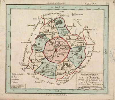 Département de la Sarte (sic) divisé en 9 districts et 53 cantons, par les auteurs de l'Atlas national, 1790-1796 (Archives départementales de la Sarthe, 1 Fi 53)