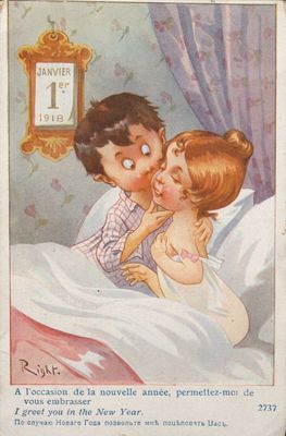 À l'occasion de la nouvelle année, permettez-moi de vous embrasser, carte postale, illustration de Right, 1918 (Archives départementales de la Sarthe, 2 Fi 4705).jpg