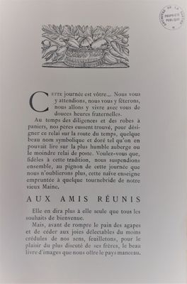 René-Noël Raimbault, Aux amis réunis, 1946, Monnoyer imprimeur (Archives départementales de la Sarthe, BIB AA 508).jpg