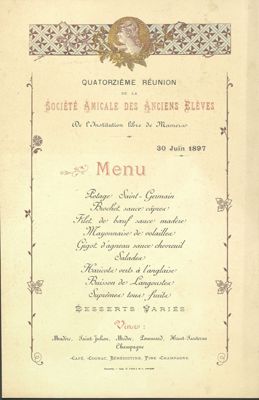menu pour le déjeuner du 30 juin 1897 de la Société amicale des anciens élèves de l'Institution libre de Mamers, Mamers, Fleury et Dangin imprimeurs, 1897 (Archives départementales de la Sarthe, 1 J 1125_6).jpg
