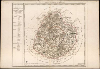 Département de la Sarte (sic) [...] divisé en quatre arrondissements et 53 cantons, réduits à 33 justices de paix, par P. G. Chanlaire, " l'un des auteurs de l'Atlas national ", 1802 (Archives départementales de la Sarthe, 1 Fi 484)