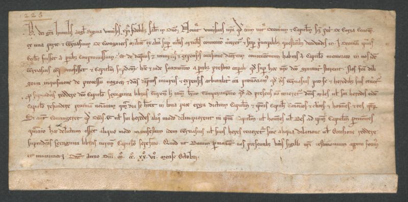 Accord passé sous l’égide de  Bérangère, rein des anglais, entre les doyens du chapitre de Saint Pierre de la Cour et Gervais de Cogniers,  1 J 1281.